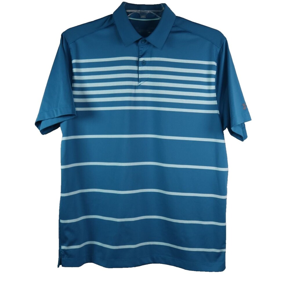 Under Armour Polo Shirt Men's Large Teal Striped Heat Gear Short Sleeve Loose